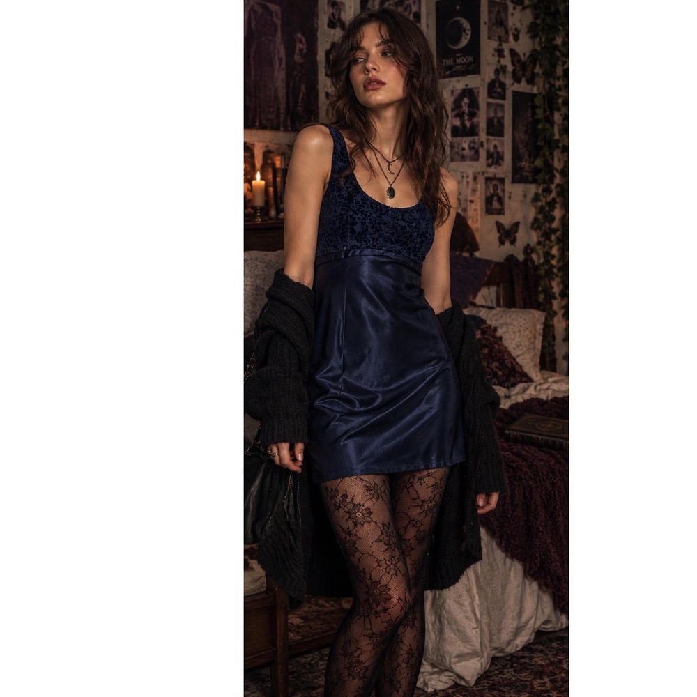Vintage Navy Velvet Burnout Babydoll Slip Dress 7/8 Whimsigoth Y2K Twilightcore